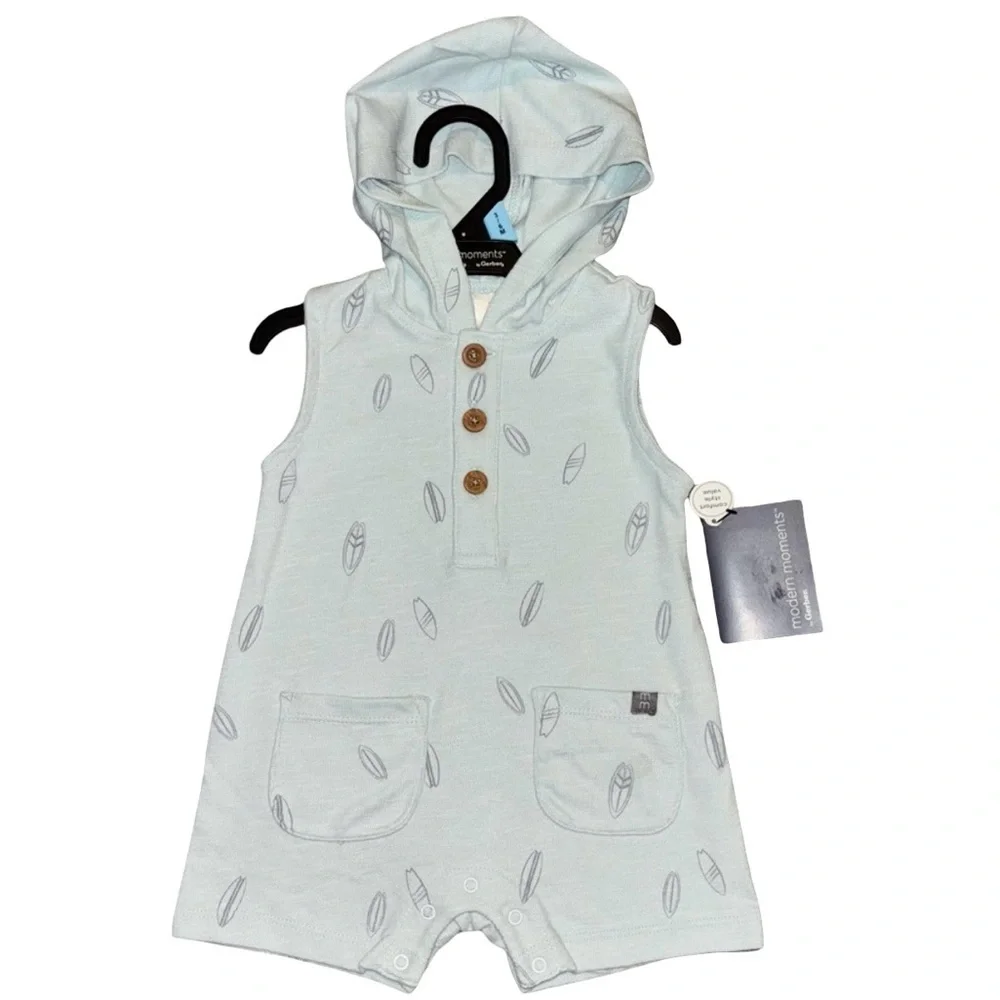 NEW! NWT Baby Boy Modern Moments Mint Green Hooded Romper Surfing Design 0-3 3-6